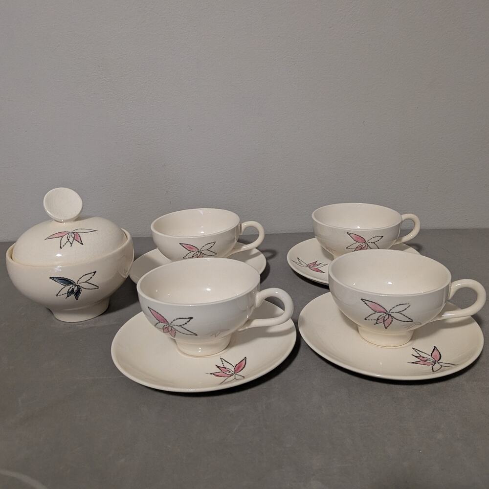 Stetson Pottery Black Pink Floral Pinwheel Cups Saucers Sugar Bowl Set
